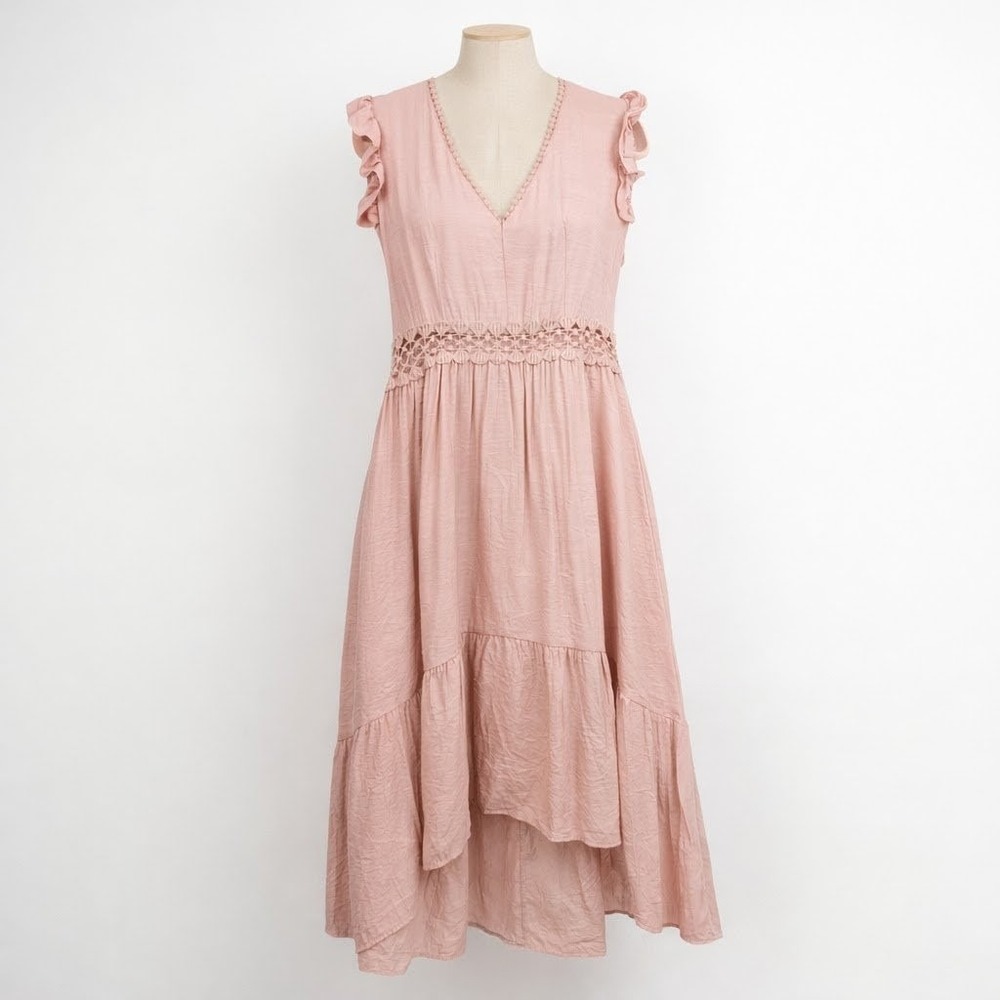 Fairy Crochet Lace Midi Dress Size L Pink Ruffle Coquette Romantic Preppy Dainty